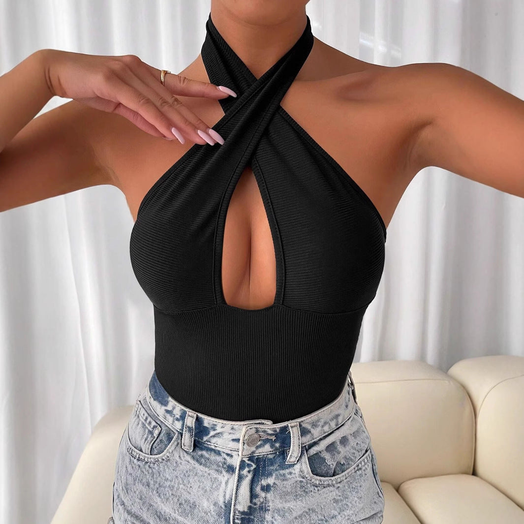 Drune | Cross Hollow Out Halter Bodysuit