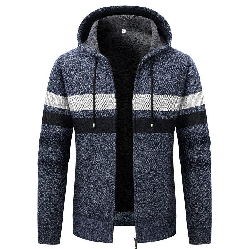 Herren Kapuzen-Strickjacke mit Teddyfutter, Reißverschluss und Kontraststreifen Drune