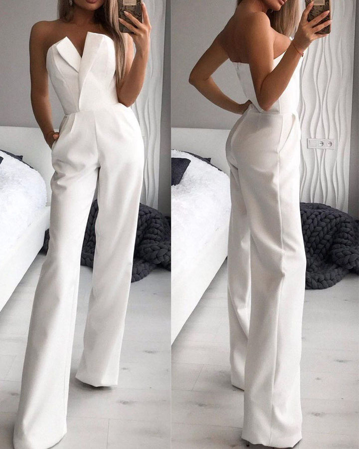 Damen Eleganter Jumpsuit mit tiefem V-Ausschnitt und weitem Bein Drune
