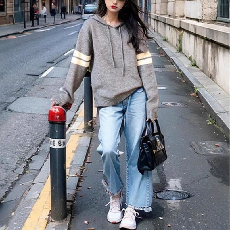 Damen modischer Kapuzenpullover mit dezenten Streifen Drune