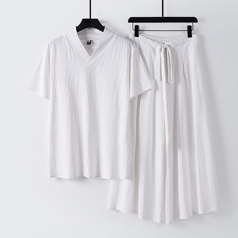 Damen Leichtes Loungewear-Set mit V-Ausschnitt-Shirt und weit schwingendem Midirock mit Kordelzug Drune