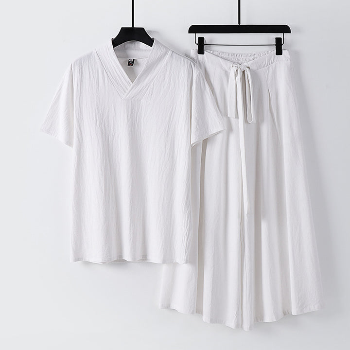 Damen Leichtes Loungewear-Set mit V-Ausschnitt-Shirt und weit schwingendem Midirock mit Kordelzug Drune