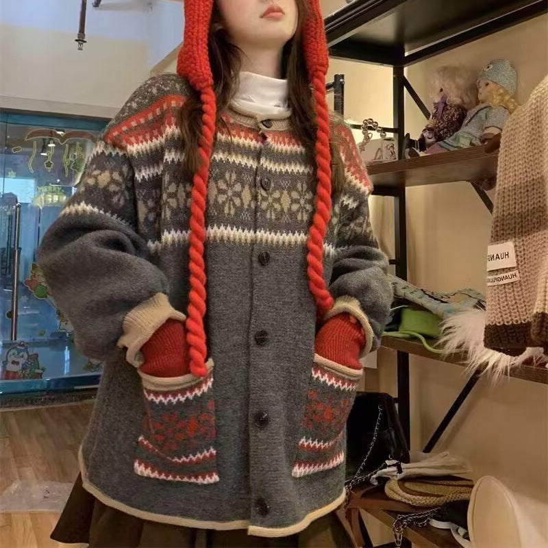 Damen Kuschelige Strickjacke mit Kapuze und dekorativem Muster Drune