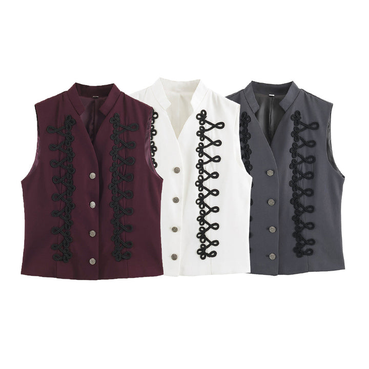 Damen Ärmellose Weste im Uniformstil mit Zierfroschverschlüssen und Stehkragen Drune
