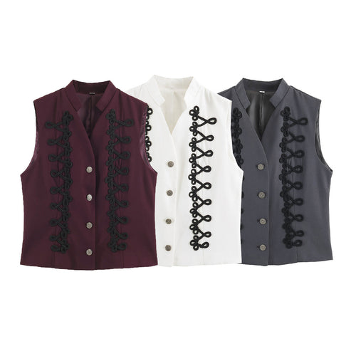 Damen Ärmellose Weste im Uniformstil mit Zierfroschverschlüssen und Stehkragen Drune