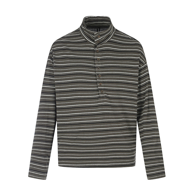 Herren Lässiges Henley-Langarmshirt mit Stehkragen und feinem Streifenmuster Drune