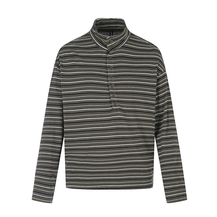 Herren Lässiges Henley-Langarmshirt mit Stehkragen und feinem Streifenmuster Drune