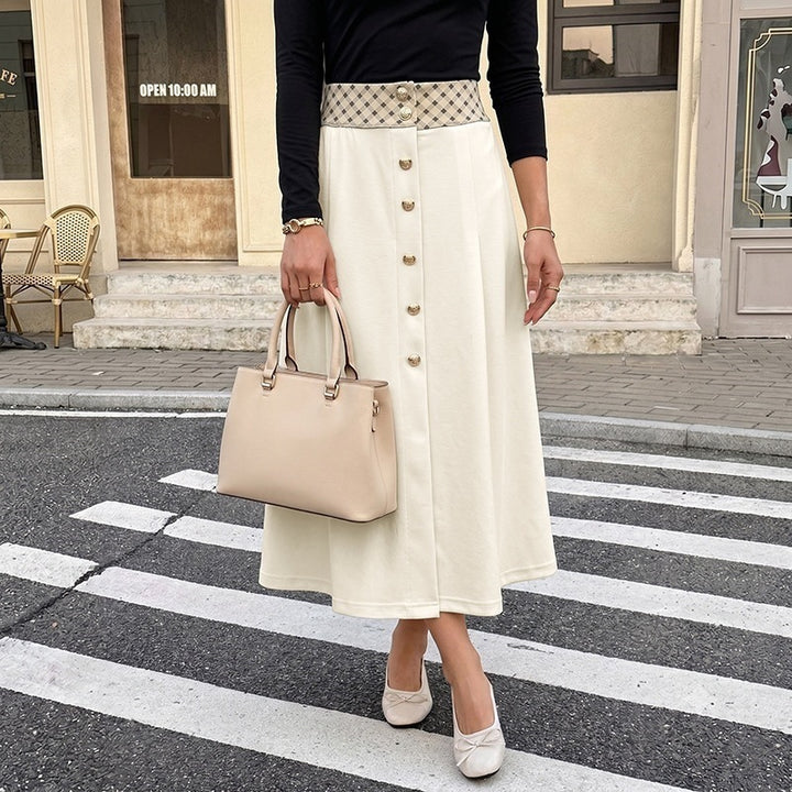 Damen Midirock mit hoher Taille, dekorativer Knopfleiste und femininer A‑Linie Drune