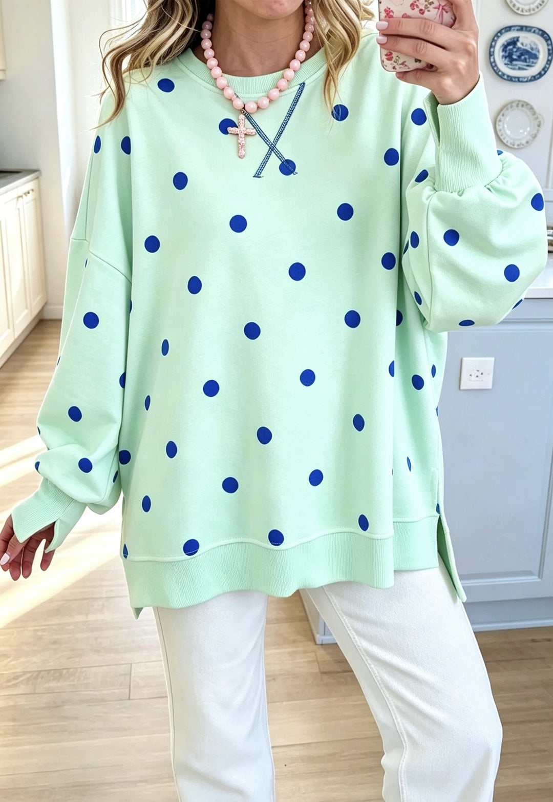 Damen Oversize-Sweatshirt mit Puffärmeln, Polka-Dots und Seitenschlitzen Drune