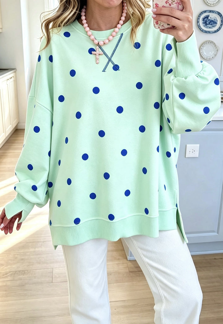 Damen Oversize-Sweatshirt mit Puffärmeln, Polka-Dots und Seitenschlitzen Drune