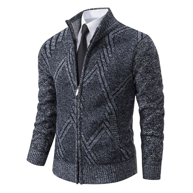 Herren Grobgestrickte Zip‑Strickjacke mit Stehkragen und geometrischem Strukturmuster Drune