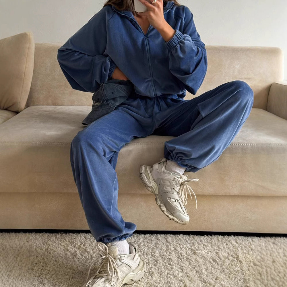 Damen Sportliches Velours-Set mit hohem Kragen und weitem Schnitt Drune