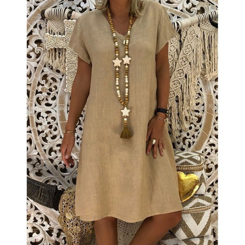 Damen Sommerkleid mit lässigem V-Ausschnitt und asymmetrischem Saum Drune