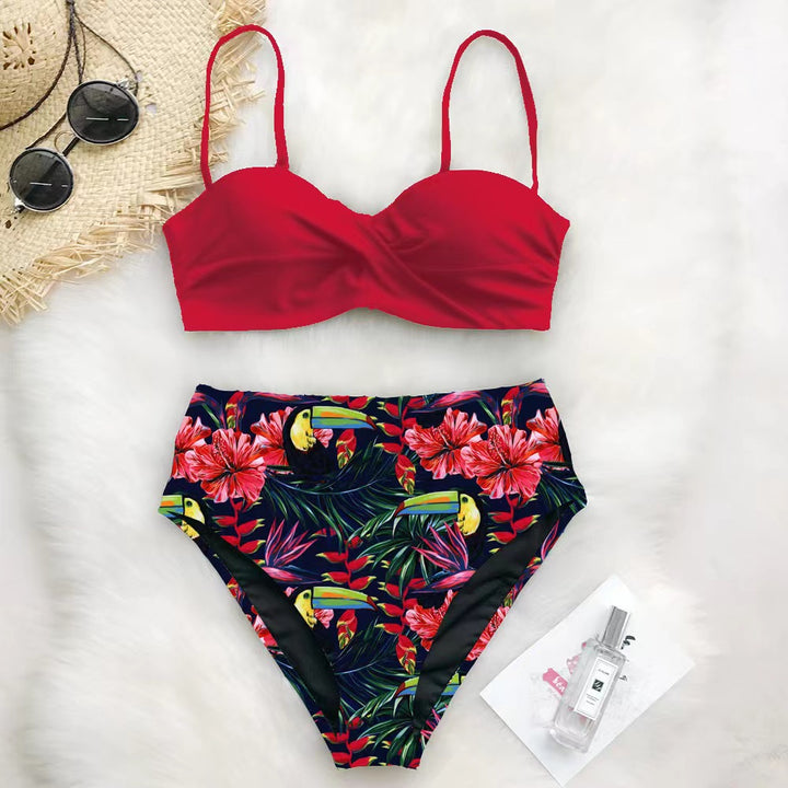 Damen Hochtailliertes Bikini-Set mit Raffungen und floralem Design Drune