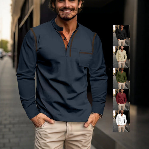 Herren nan legeres Langarm-Henleyshirt mit Stehkragen Knopfleiste und Brusttasche Drune