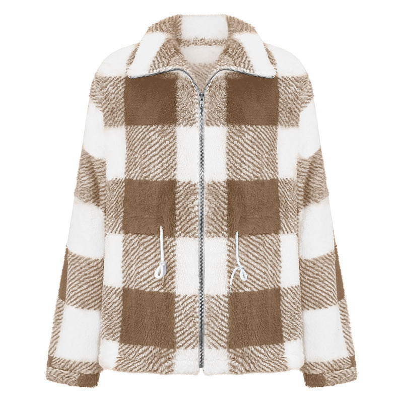 Damen kuschelige Oversize-Jacke mit kariertem Muster Drune