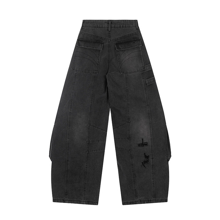 Damen weite Jeans-Cargo-Culotte mit taktischen Taschen, Gurtapplikationen und Used-Details Drune