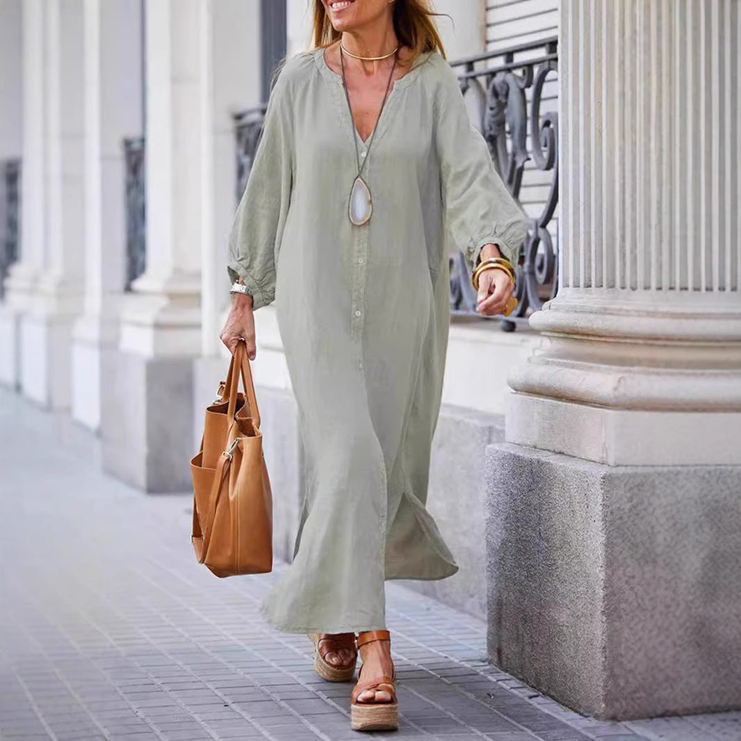 Damen Leichtes Leinenkleid mit langen Ärmeln und durchgehender Knopfleiste Drune