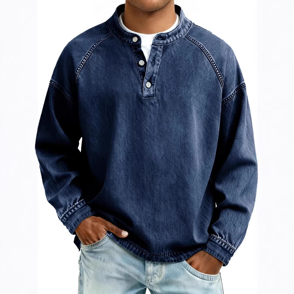 Herren nan verwaschenes Henley-Shirt mit Stehkragen, lockerer Passform und Knopfleiste Drune
