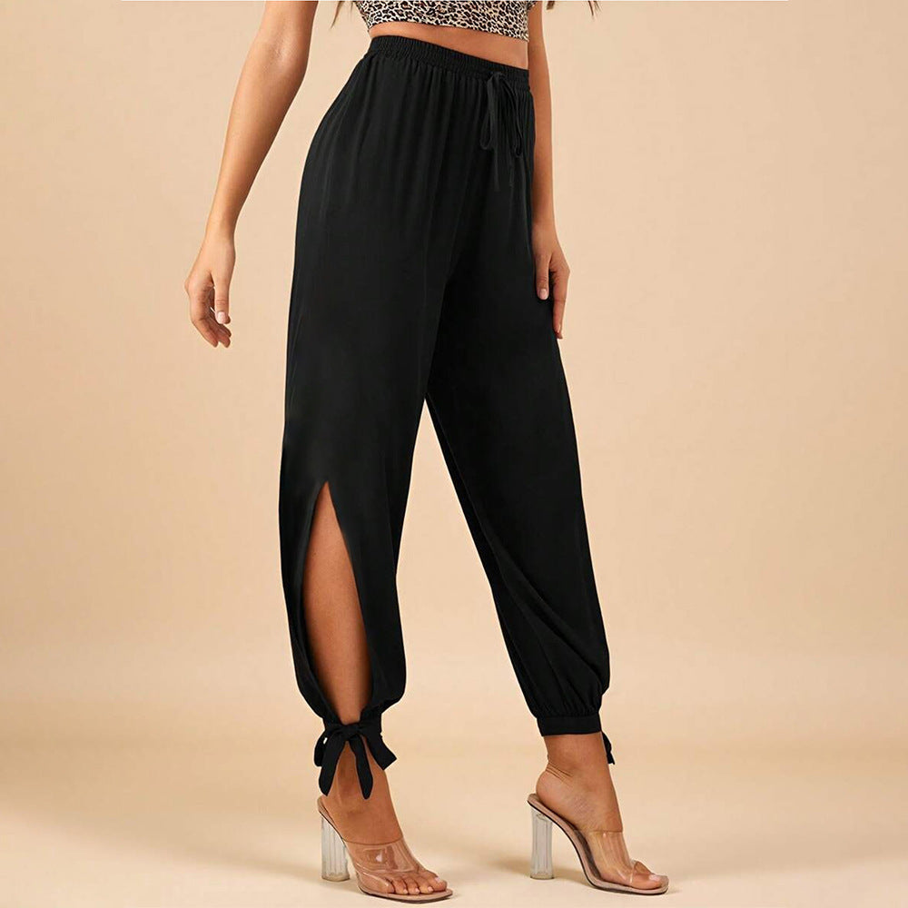 Damen elegante Hose mit Seitenschlitzen und Kordelzug Drune