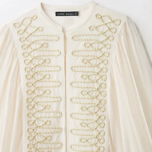 Damen Kurzbluse im Folklore‑Militärstil mit voluminösen Bischofärmeln Drune