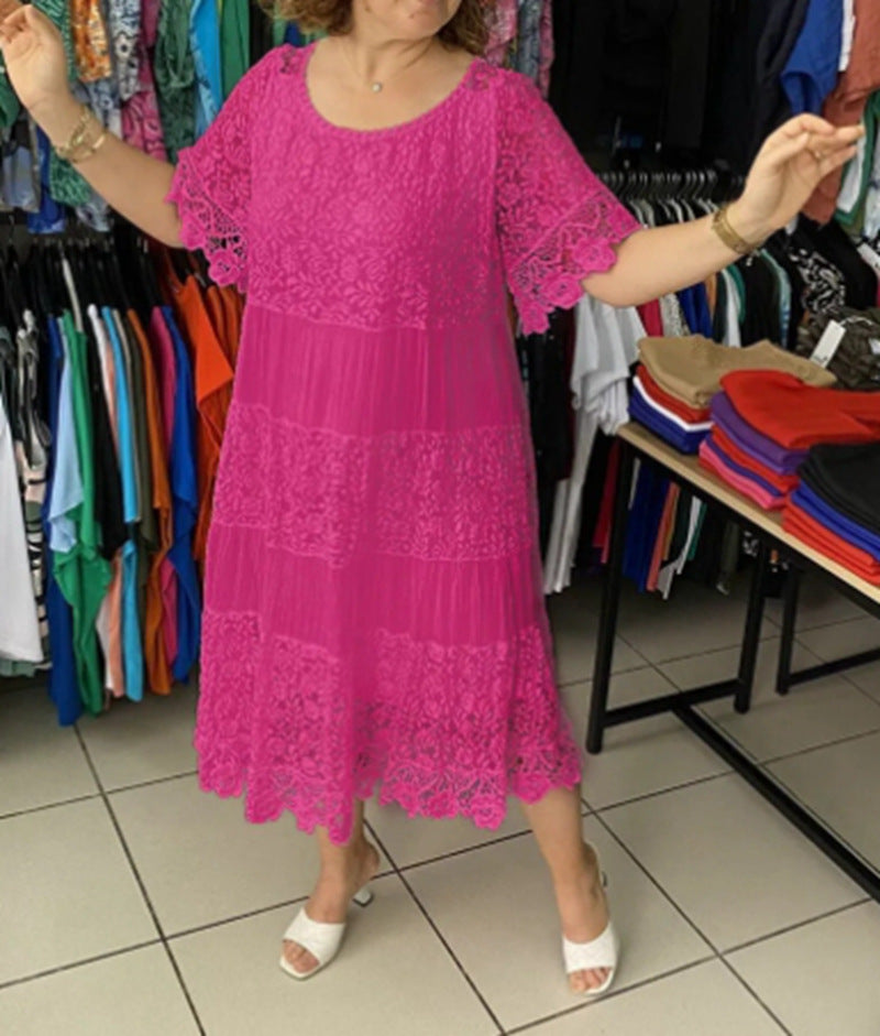 Damen nan mehrlagiges Spitzen-Midikleid mit plissierten Einsätzen und Volantärmeln Drune