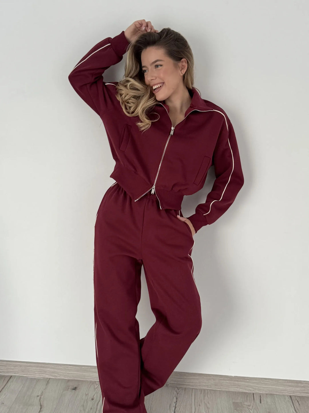 Damen Weiches Baumwoll-Mix Jogging-Set mit Stehkragen, Tunnelzugtaillen und seitlichen Kontraststreifen Drune