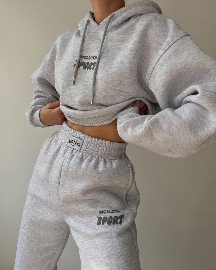 Damen Cropped Kapuzenpullover und High‑Waist Jogginghose Lounge‑Set aus Baumwollfleece Drune