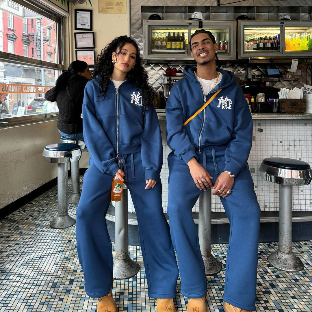 Unisex nan weit geschnittene Kapuzen-Sweatjacke mit beidseitig öffnendem Reißverschluss und Logo-Applikation Drune