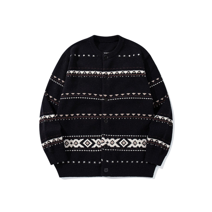 Unisex Strukturierte Jacquard-Strickjacke mit Rundhalsausschnitt, Oversize-Passform und Knopfleiste Drune