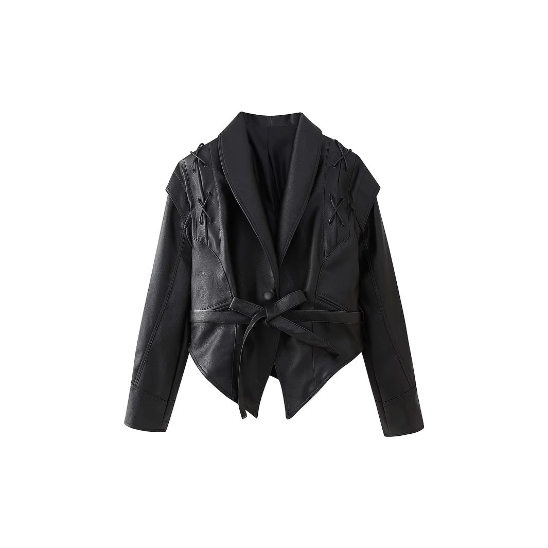 Damen nan taillierter Cropped‑Blouson aus veganem Leder mit Schalkragen, Schnürdetail und Bindegürtel Drune