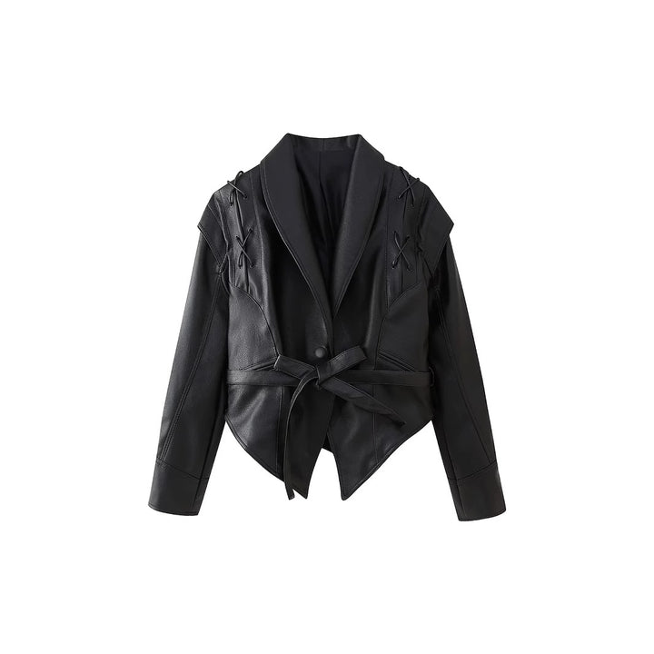 Damen nan taillierter Cropped‑Blouson aus veganem Leder mit Schalkragen, Schnürdetail und Bindegürtel Drune