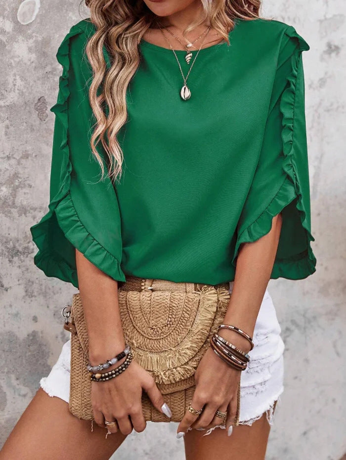 Damen Leichtes Rüschen‑Cape‑Top mit weitem Fledermausärmel Drune