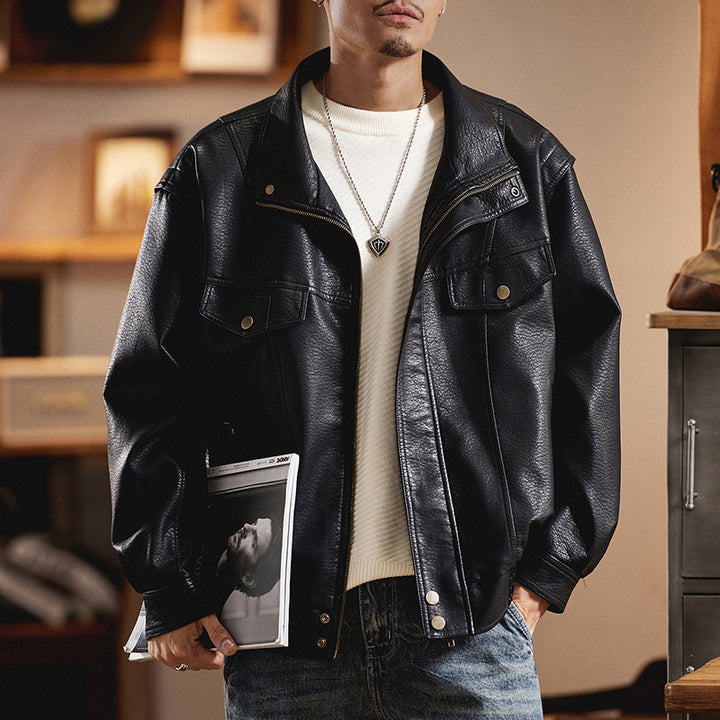 Herren Oversized Kunstlederjacke im Worker-Look mit Pattentaschen Drune