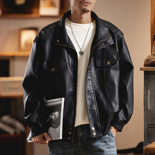 Herren Oversized Kunstlederjacke im Worker-Look mit Pattentaschen Drune