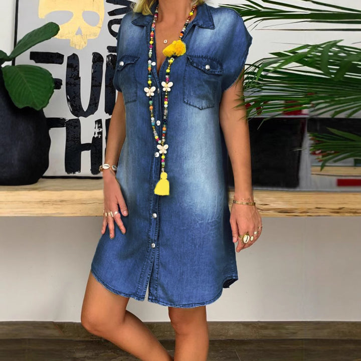 Damen Freizeit Denim Hemdblusenkleid Drune