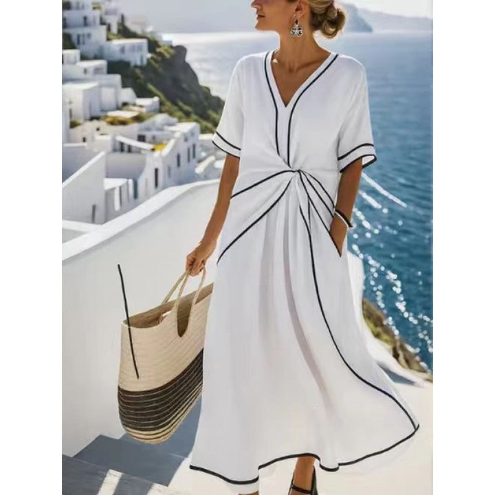 Damen Maxikleid mit V-Ausschnitt, seitlichem Knoten und Kontrastpaspeln Drune