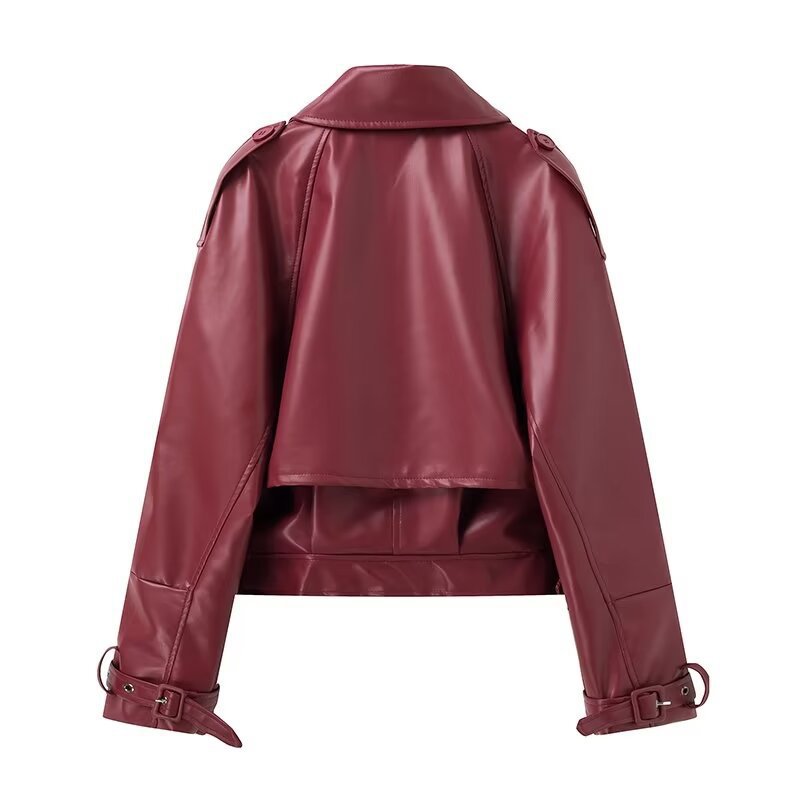 Damen cropped Kunstlederjacke mit wasserdichtem Finish und asymmetrischem Kragen Drune
