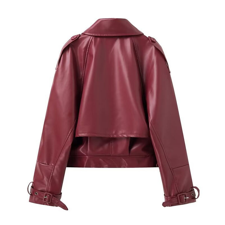 Damen cropped Kunstlederjacke mit wasserdichtem Finish und asymmetrischem Kragen Drune