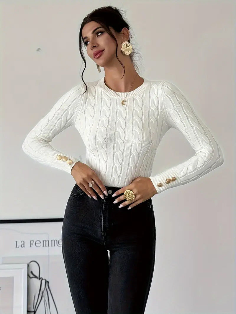 Damen Strickpullover mit filigranem Zopfmuster und eleganten Knopfdetails Drune