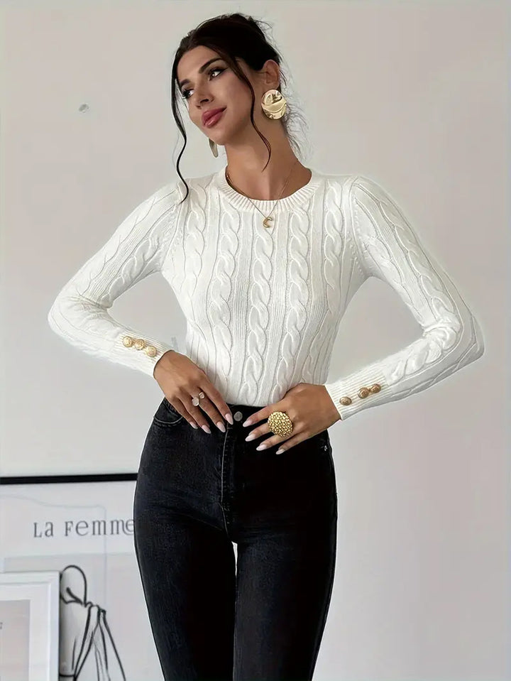 Damen Strickpullover mit filigranem Zopfmuster und eleganten Knopfdetails Drune