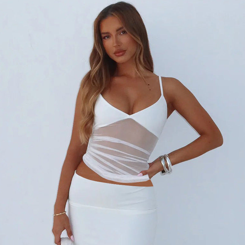 Damen Spaghetti-Träger Blusenoberteil mit transparenter Drapierung Drune