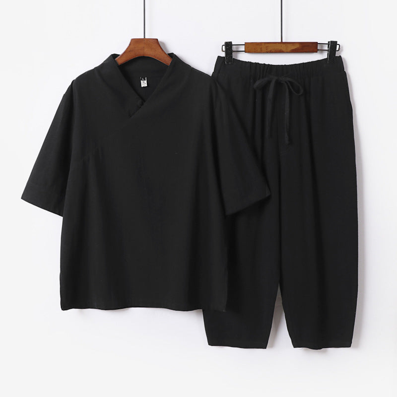 Herren Atmungsaktives Leinen-Baumwoll Lounge-Set mit asymmetrischem V-Kragen und elastischer Kordelhose Drune
