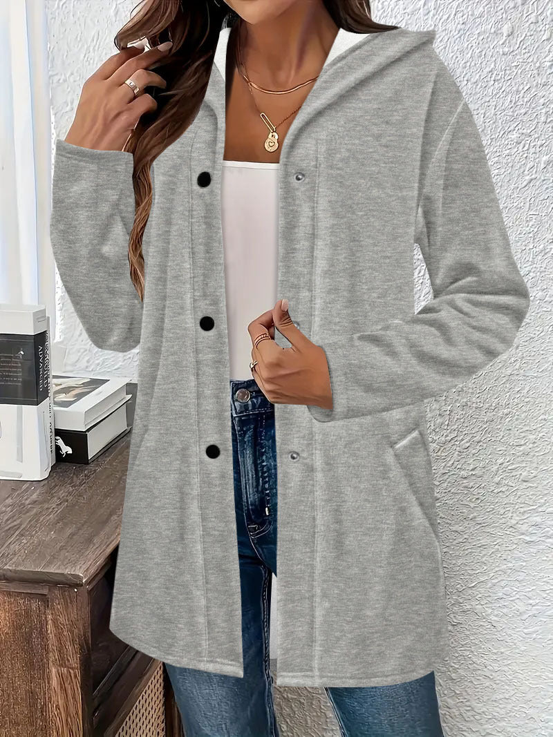 Damen Langer Kapuzen-Cardigan mit Druckknopfleiste, Eingrifftaschen und legerer Silhouette Drune