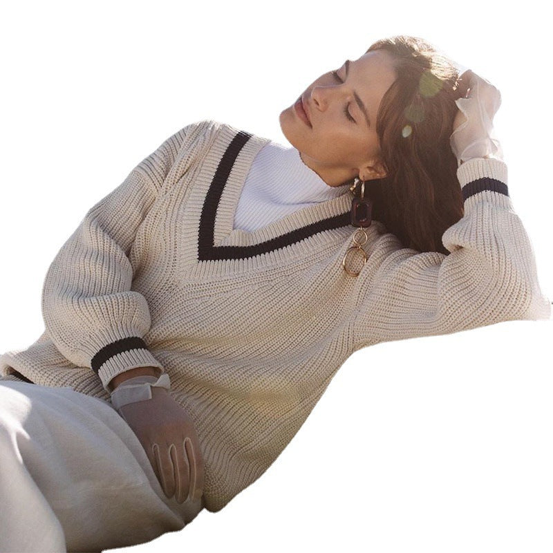 Damen Oversized Strickpullover mit V-Ausschnitt und gestreiften Ärmeln Drune