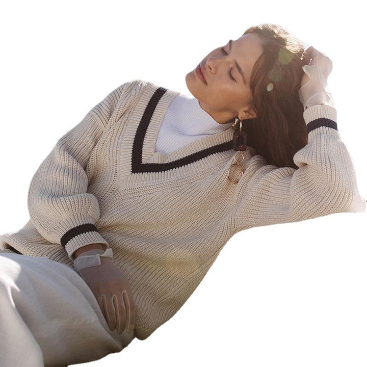 Damen Oversized Strickpullover mit V-Ausschnitt und gestreiften Ärmeln Drune