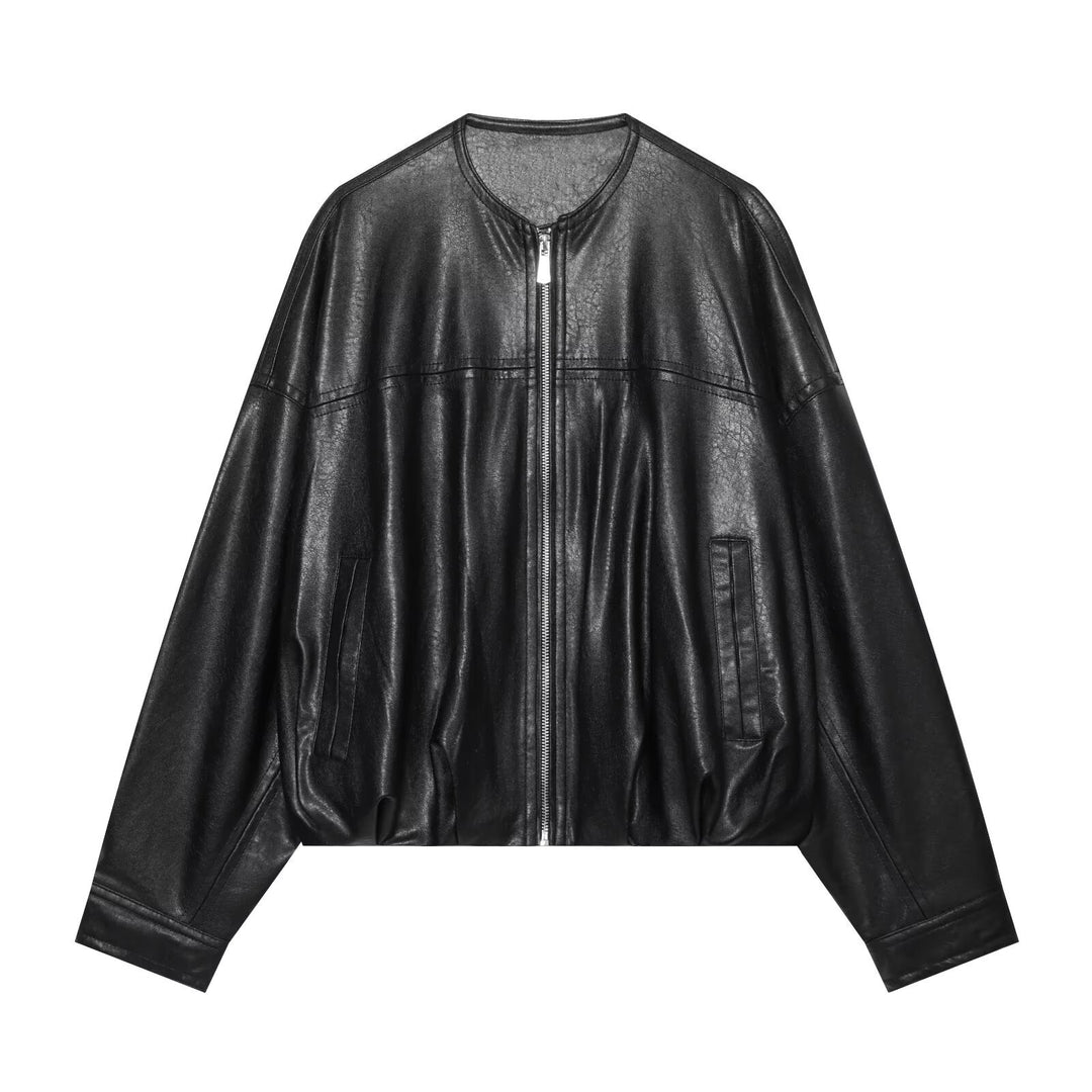 Damen Oversize Kunstleder-Blouson mit Rundhalsausschnitt, Reißverschluss und Eingrifftaschen Drune