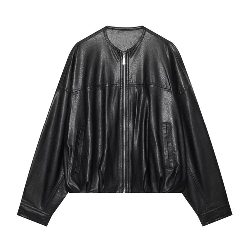 Damen Oversize Kunstleder-Blouson mit Rundhalsausschnitt, Reißverschluss und Eingrifftaschen Drune