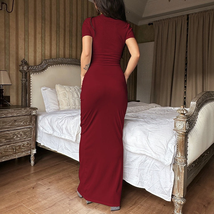 Damen Figurnahes Maxikleid mit tiefem V-Ausschnitt und seitlichen Raffungen Drune
