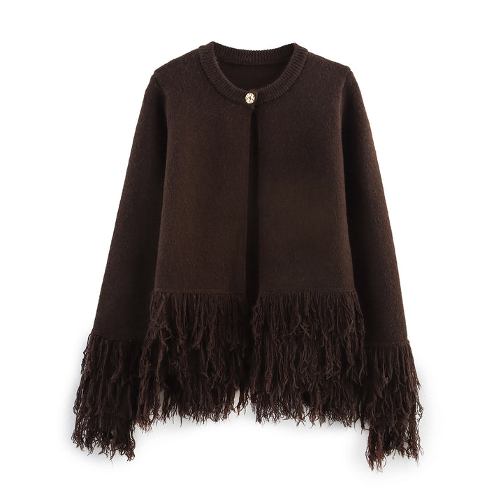 Damen nan Fransenponcho mit Rundhalsausschnitt und dekorativem Knopfverschluss Drune